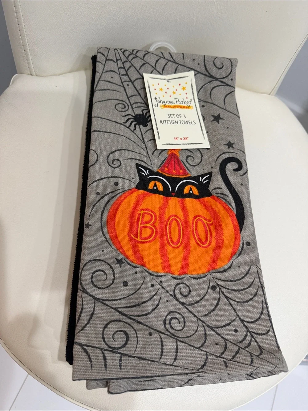 Johanna Parker Halloween Set of 3 Gray/Black/Orange Kitchen Towels